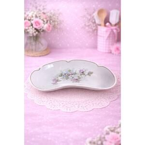 Antique Bone Crescent Salad Sauce Side Dish Bone Plate USA Pink Blossoms Vintage